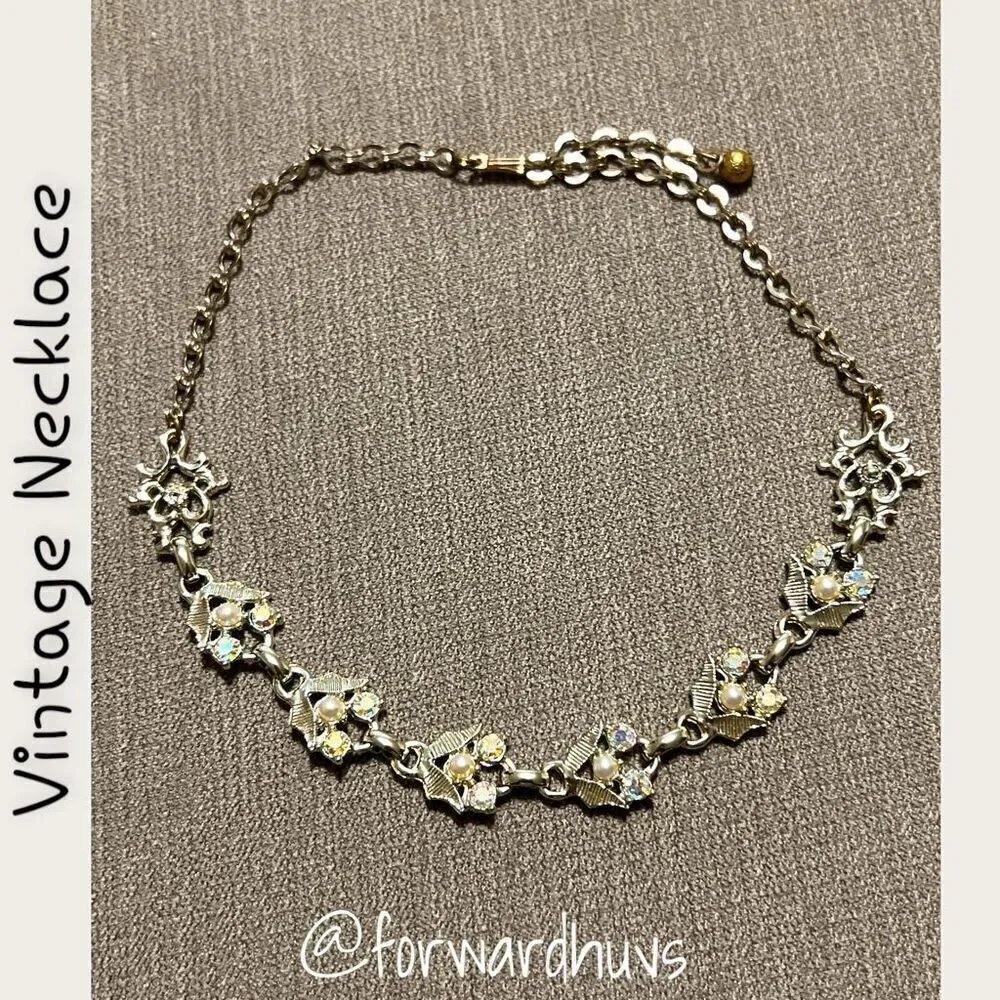 Vintage Silver Tone Necklace with Aurora Borealis and Faux Pearl Accents